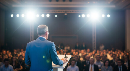 Business conference speaker giving speech presentation in auditorium event hall stage