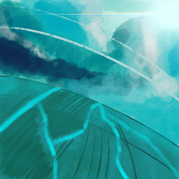 Abstract anime Landscape with Blue Light Trails and Sun