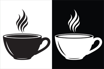 Stylized Hot Coffee Cups with Steam in Contrasting Black and White Design