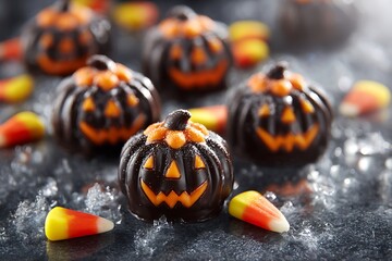 Chocolate pumpkin candies with candy corn on a spooky Halloween background