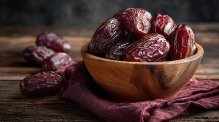 Stunning photo of copy space, Delicious medjool dates in a bowl on a wooden table, closeup view. Cloth napkin with date fruits. Traditional Arabic healthy food for breaking the.