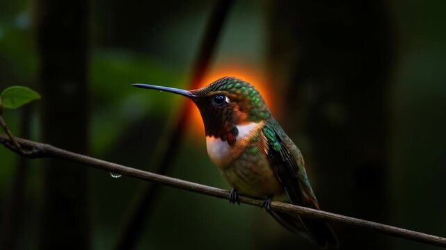 Hummingbird's fiery throat display in lush rainforest environment, a captivating look at vibrant nature, avian behavior and biodiversity in the tropical landscape