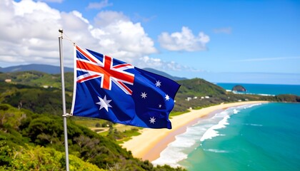 Australian flag with Union Jack and stars waving above a coastal beach landscape.