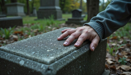 Hand on Tombstone in Cemetery for Funeral Announcements, Memorial Websites, Obituary Cards, and Remembrance Blogs