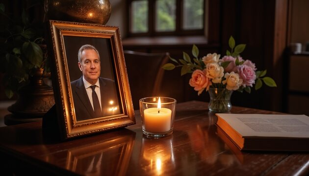 Portrait with Candle and Flowers for Sympathy Cards, Funeral Programs, Memorial Announcements, Grief Support, and Celebration of Life