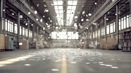 Confetti celebration in a large warehouse space with sunlight streaming through windows