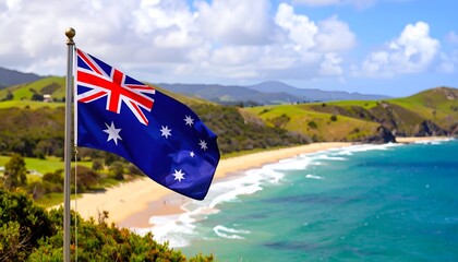 Australian flag with Union Jack and stars waving above a coastal beach landscape.