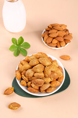 Mixed Nuts Dried Almonds Healthy Snacks Natural Food Arrangement with Milk Bottle Green Leaves