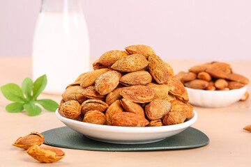 Healthy Mixed Nuts Almonds Kernels Snacks in Bowl with Milk Bottle Natural Food Photography