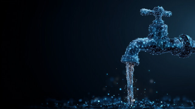 Water faucet with flowing water in digital style on dark background  