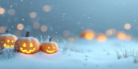 Fototapeta premium glowing jack o lanterns in a snowy winter landscape at night time