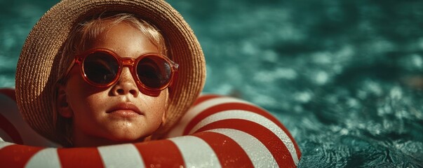 Young boy enjoying summer in a pool with a striped inflatable tube