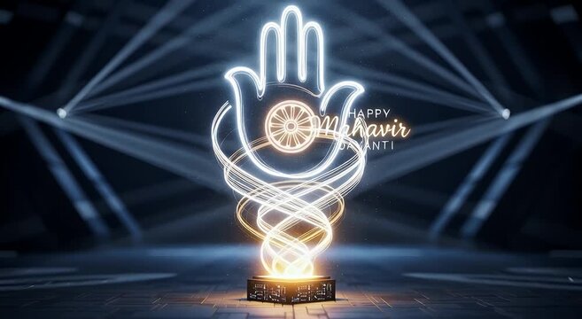 Neon hand symbol with swirling lights and spotlights hamsa palm