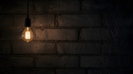 Glowing vintage light bulb hanging against a dark brick wall, creating a moody industrial atmosphere with warm illumination, texture, and minimalistic retro design concept.