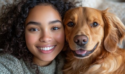 Close-up of a smiling, happy young woman and her dog taking a selfie together. The image radiates positivity and the strong bond between the woman and her pet, Generative AI