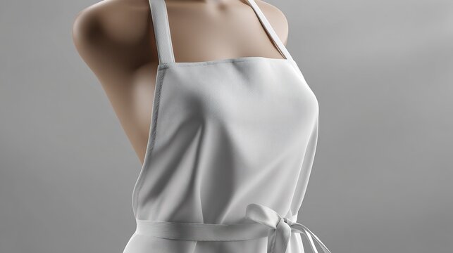 Clean white apron with straps and tied bow presented on neutral grey background