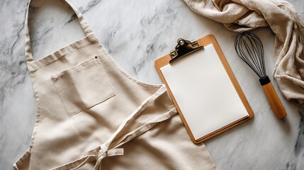 beige apron lies on marble surface with clipboard and whisk linen fabric