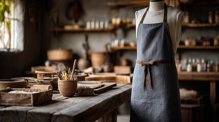 Rustic workshop interior with  mannequin wearing  grey apron showcasing art supplies and pottery tools on  wooden workbench