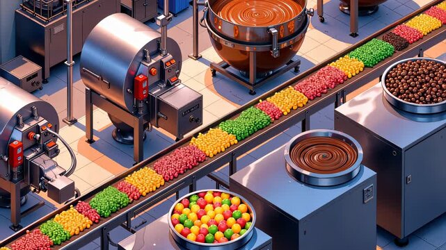 Conveyor belt of colorful candies and chocolate in automated factory setting showing modern candy production processes and machinery