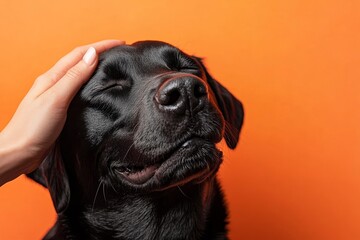 happy dog being gently patted on the head against a simple, flat orange background. This image represents warmth, affection, and the unconditional bond between pets their owners, Generative AI