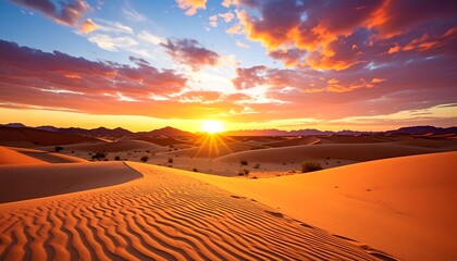Vibrant sunset casting warm hues across rolling desert dunes