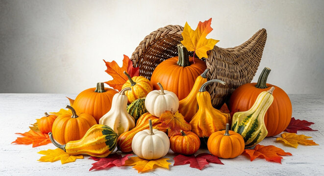 Thanksgiving pumpkins gourds cornucopia autumn decoration fall harvest festive still life - Powered by Adobe