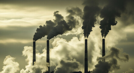 Pollution from industrial chimneys with smoke causing global warming and climate change