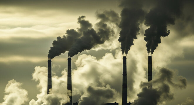 Pollution from industrial chimneys with smoke causing global warming and climate change