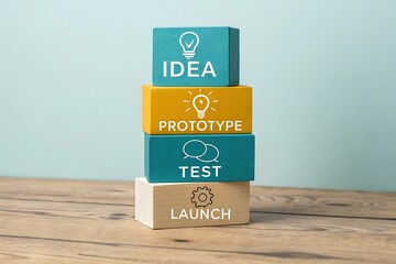 Stacked Wooden Blocks Illustrating Business Process from Idea to Launch with Icons prototype