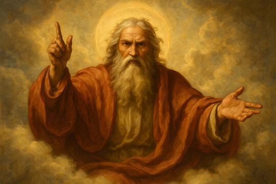 A classical painting depicting God the Father with a long white beard, red robe, and halo, gesturing from within clouds.