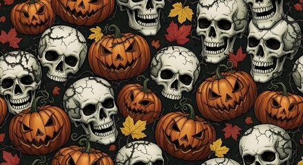 Halloween pattern with pumpkins, skulls, and autumn leaves on a dark background.
