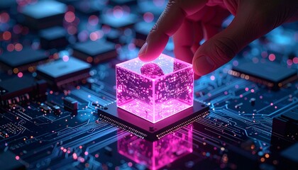 hand holding a glowing digital cube over a circuit board, Generated with AI.