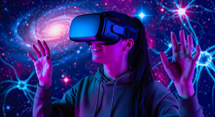 Woman explores virtual reality world, smiling, reaching out with hands, VR headset experience