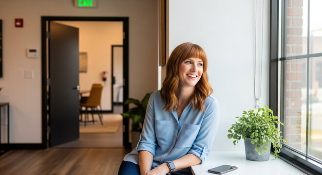 Woman smiling near window in modern office space for business or corporate concept