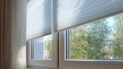 Fototapeta premium Stunning photo of modern interior window with energy-efficient cellular shades, featuring honeycomb design for superior thermal insulation and light control in a stylish home.