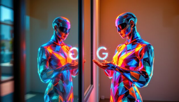 Futuristic Humanoid Reflection with Neon Cyberpunk Aesthetic