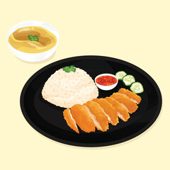 Top view Thai Fried Chicken with rice, cucumber, chili sauce, and clear soup on black plate. Traditional Asian cuisine vector illustration.