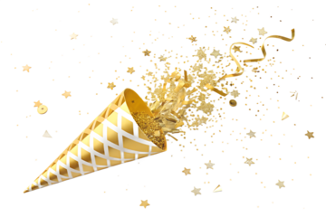 Golden Party Popper with Stars and Streamers, 3D Isolated