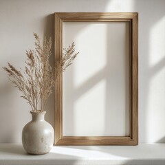 Thin wooden picture frame with empty content hanging against a white wall, ideal for presenting personalized artwork or photographs. The simplicity of the frame and setting offers, Generative AI