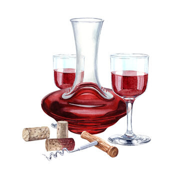 red wine decanter and glasses watercolor clip art preview