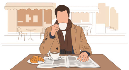 Man Sipping Coffee At Cafe Reading Newspaper During A Relaxing Morning Time