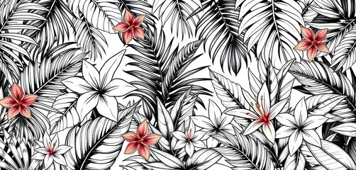 Black and white line art tropical floral seamless pattern Palm leaves, exotic flowers, jungle background, surface pattern, trendy
