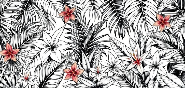 Black and white line art tropical floral seamless pattern  Palm leaves, exotic flowers, jungle background,  surface pattern,  trendy