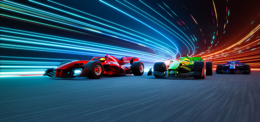 3d rendering racing cars racing on futuristic illuminated track at night © jamesteohart