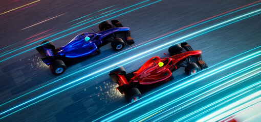 3d rendering two racing cars competing on futuristic track with light trails © jamesteoh.art