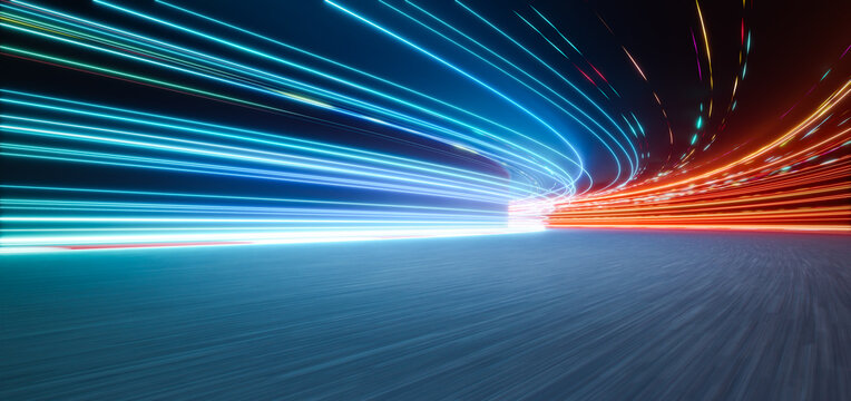 3d rendering futuristic racing track with motion blur and colorful neon light trails