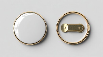 Stunning photo of blank white round gold lapel badge mock up, front and back side view, 3d rendering. Empty hard enamel pin mockup. Metal clasp-pin design template. Expensive.