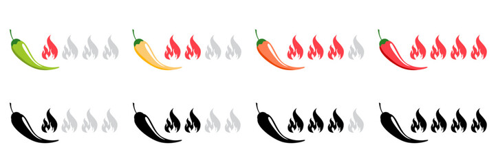 Chili heat level icon set for spicy food labels with pepper scale showing mild medium hot and extra spicy levels for sauces ketchup or menu design in red flat vector style