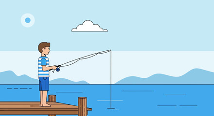 Naklejka premium Person Fishing At The Pier Enjoying The Serenity And Beautiful Landscape On A Sunny Day