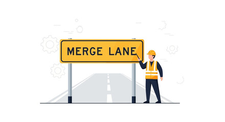 Merge Lane Sign and Helpful Construction Worker Illustrating Road Safety Instructions Clearly